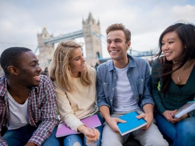 Happy group of students Happy group of students studying in London